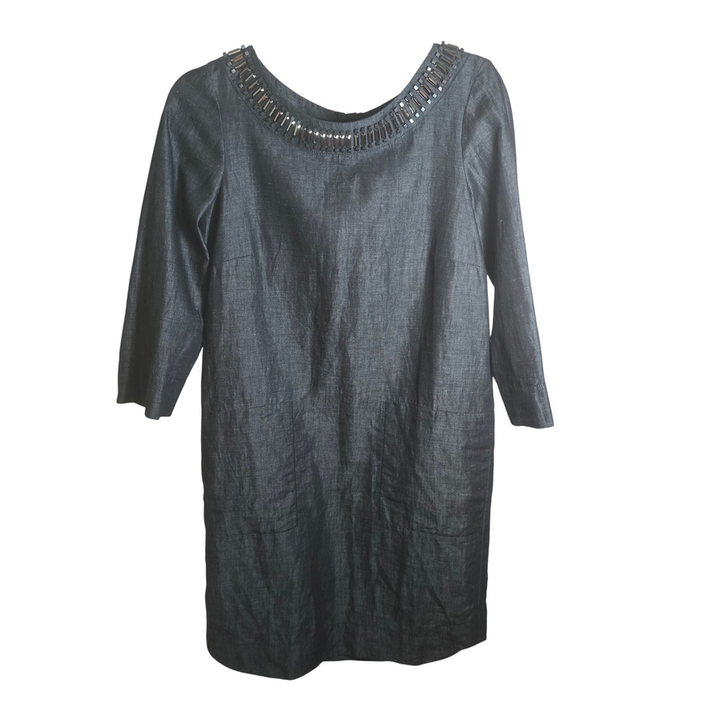 Weekend Max Mara Embellished Linen Shift Dress Gray Size 4 Beaded Neckline - Picture 3 of 11